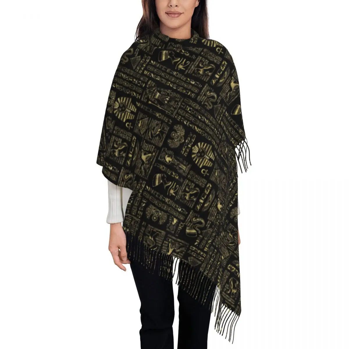 

Egyptian Hieroglyphs And Deities Scarf Wrap Women Long Winter Warm Tassel Shawl Unisex Ancient Egypt Scarves