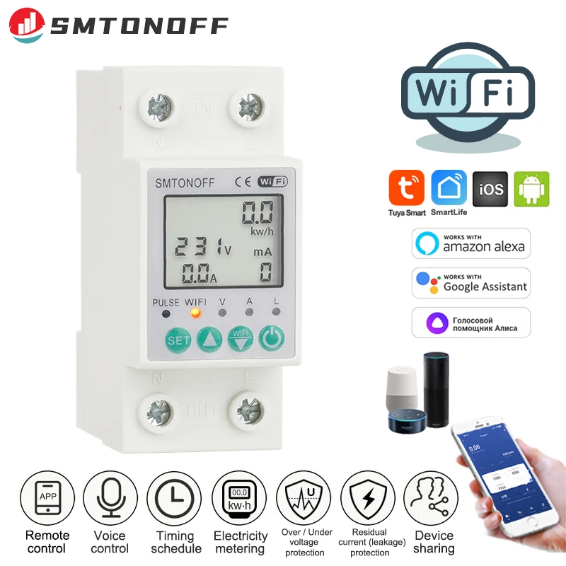 Tuya Wifi Inteligente Terra Vazamento sobre sob Tensão Protetor Dispositivo de Relé Disjuntor Energia Power Kwh Medidor 63a