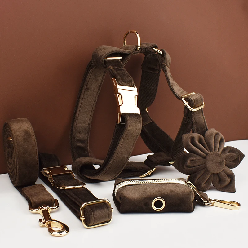 Dunkelbraunes Samt-Hundehalsband und Leinen-Set für Hunde, individuell graviertes Namensschild, Heimtierbedarf, Hundeleine, Samt11
