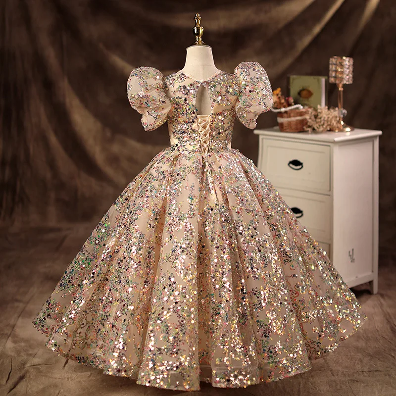 Champagner Prinzessin Kleid Mädchen Pompadour Kleid Kinder kleine Host Blume Kind Hochzeit kleines Mädchen Klavier spielen Kleid – Detail 4