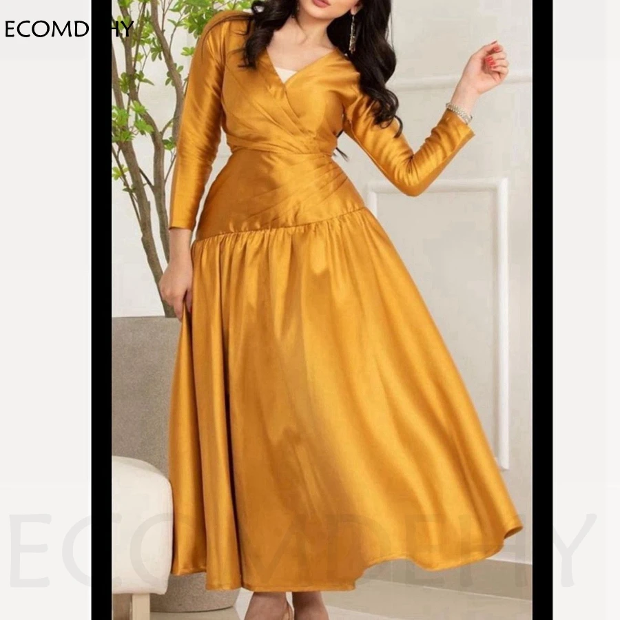 

Новое поступление Золотое вечернее платье с V-образным вырезом es вечернее платье с длинным рукавом атласные платья для вечеринки женские вечерние платья