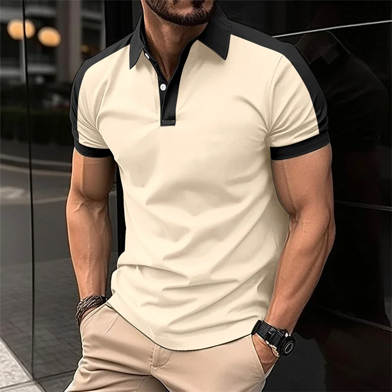 6XL plus size men’s fashion polo t-shirt, summer short sleeve patchwork 3D printed streetwear casual top CyberStreetOne” beige