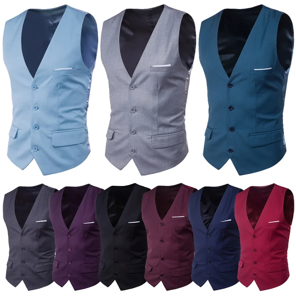 Formal Business Vests Men Fashion Solid Color V Neck Sleeveless Button Closure Blazer Suit Vest Wedding Party Man Slim Waistcoat