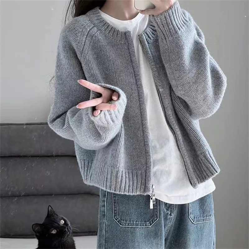 Korean Knitted Cardigan Women Sweet Zipper Cropped Sweaters Autumn Vintage Knitwear Coat Casual Jumpers Jackets Outerwear Y2k y2k white feathers jackets zipper knitted hooded jumpers slim cropped aesthetic 2000s coat autumn winter outwear retro