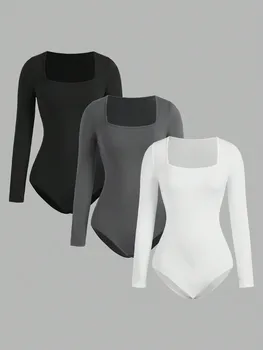 3 pcs Women's Square Neck Open Crotch One-Piece Bodysuit Long Sleeved Body Lady Streetwear Female Warm Clothing Autumn Winter