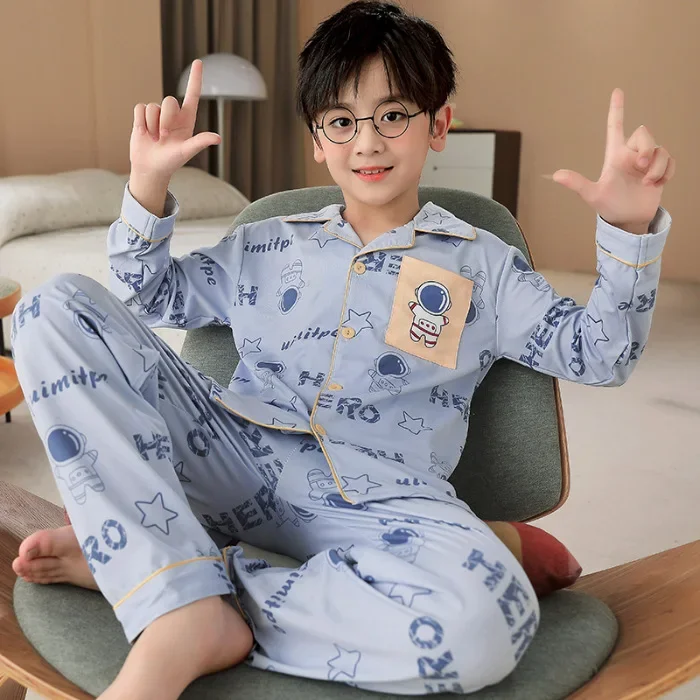 thumbnail image 1 of Pijamas de manga larga de dibujos animados para niños, ropa de hogar fina y holgada para otoño y primavera, ropa de dormir para niños medianos y pequeños, 1 of 4