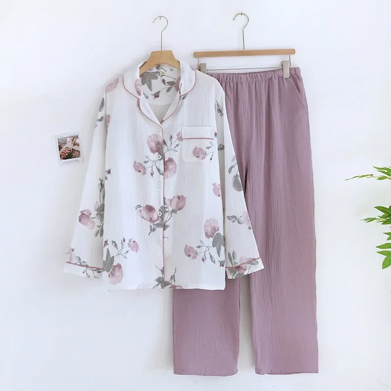 2024 Japanese New Women's Pajama Set 100% Pure Cotton Crepe Flower Minimalist Long Sleeve Two Piece Home Fury Set Sleepwear