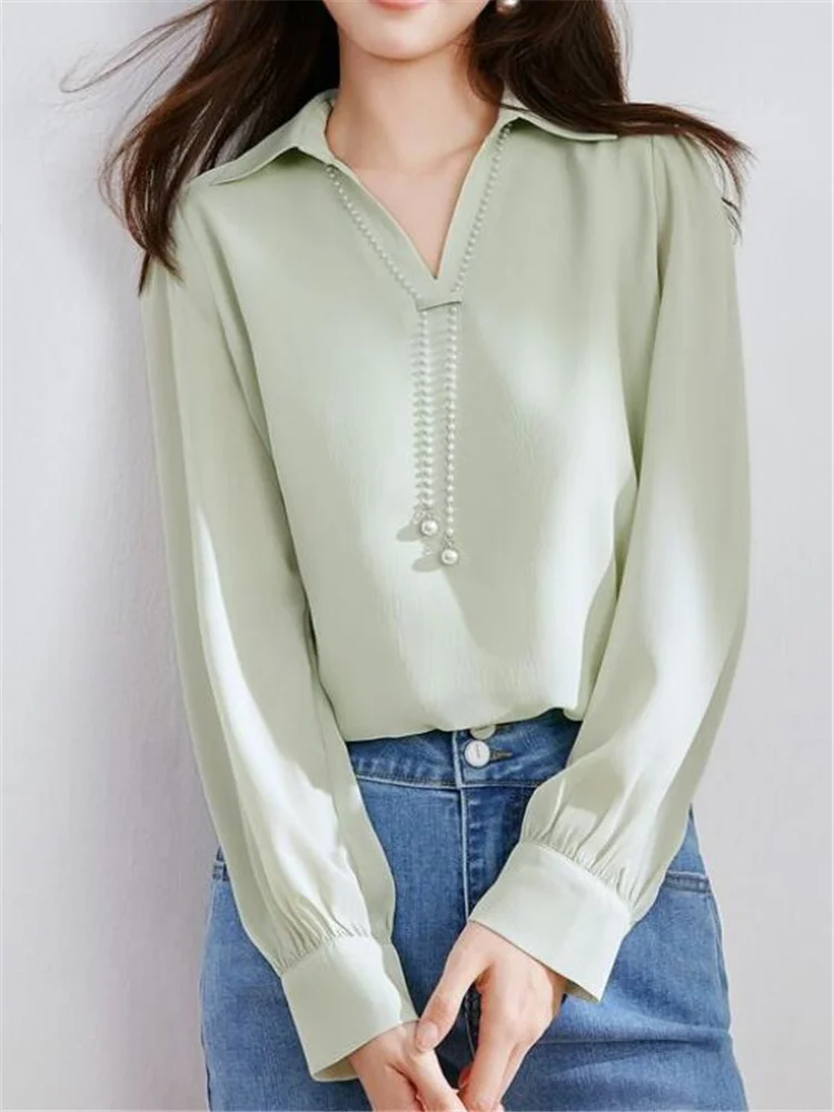 

Fashion Ladies Blouses Pleated Top For Women Beaded Chain Pullover OL Top Polo Neck Long Sleeve Shirt Grace Feminine Blusas