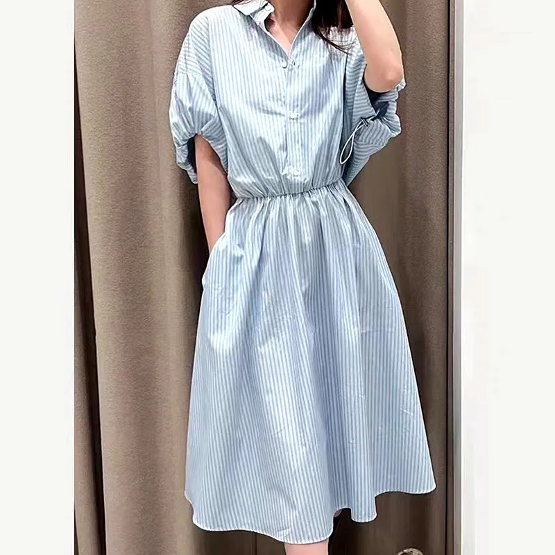 vestido-midi-a-rayas-para-mujer-traje-informal-con-cuello-vuelto-y-una-hilera-de-botones-manga-abombada-cintura-elastica-novedad-de-verano-2024