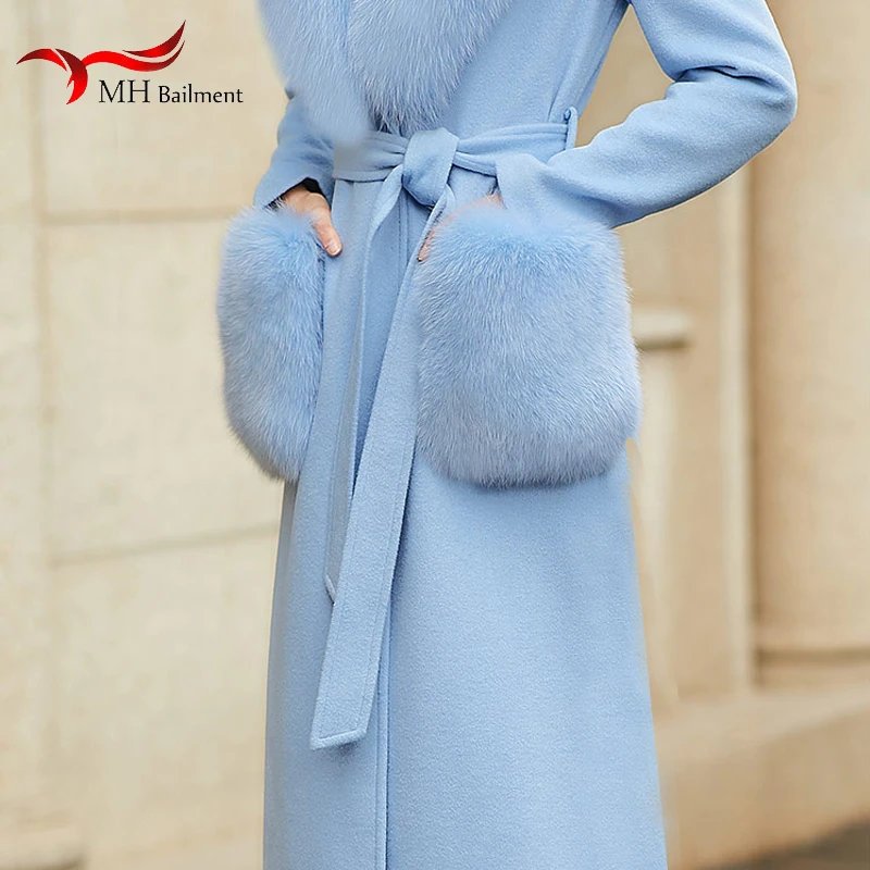 

Women's coat woolen pocket new 100% real fox fur color matching pocket 9.5*11CM brand bag female towel