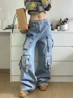 Autumn Winter New Ladies Cargo Jeans American Street Style Baggy Cargo Pants Women Blue Multi-pocket Wide Leg Jeans for Women - Image 4