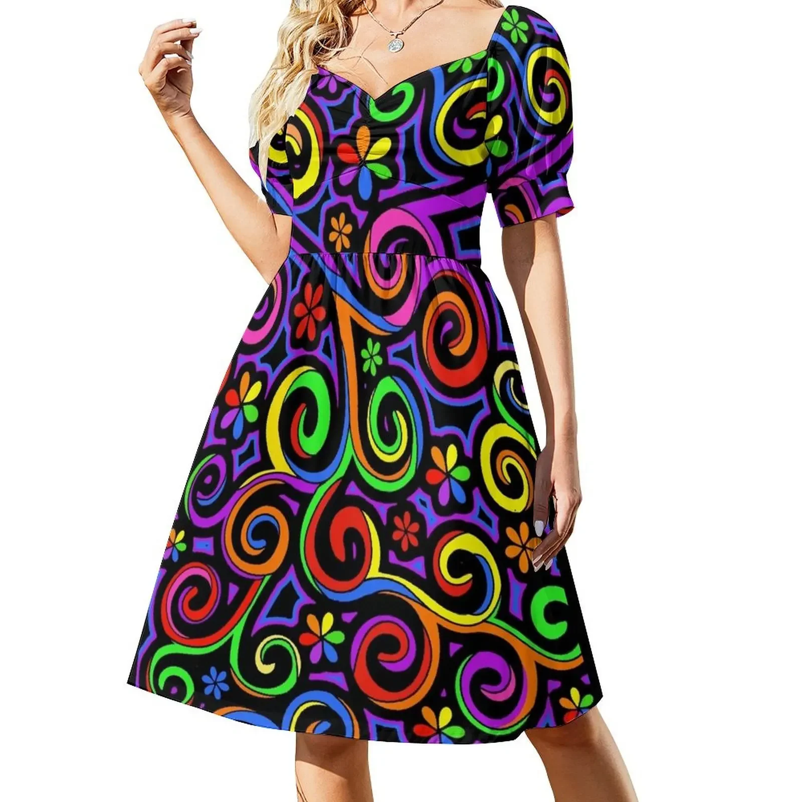 Vestido sin mangas con remolinos abstractos de colores y arte hippie para mujer, vestidos de mujer para ocasiones especiales.