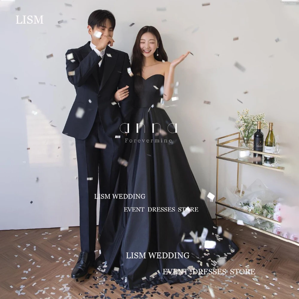 

LISM Simple Black Wedding Dress Korea Photo Shoot Satin Sweetheart Bridal Gown A Line Sweep Train Robe De Mariage 웨딩드레스