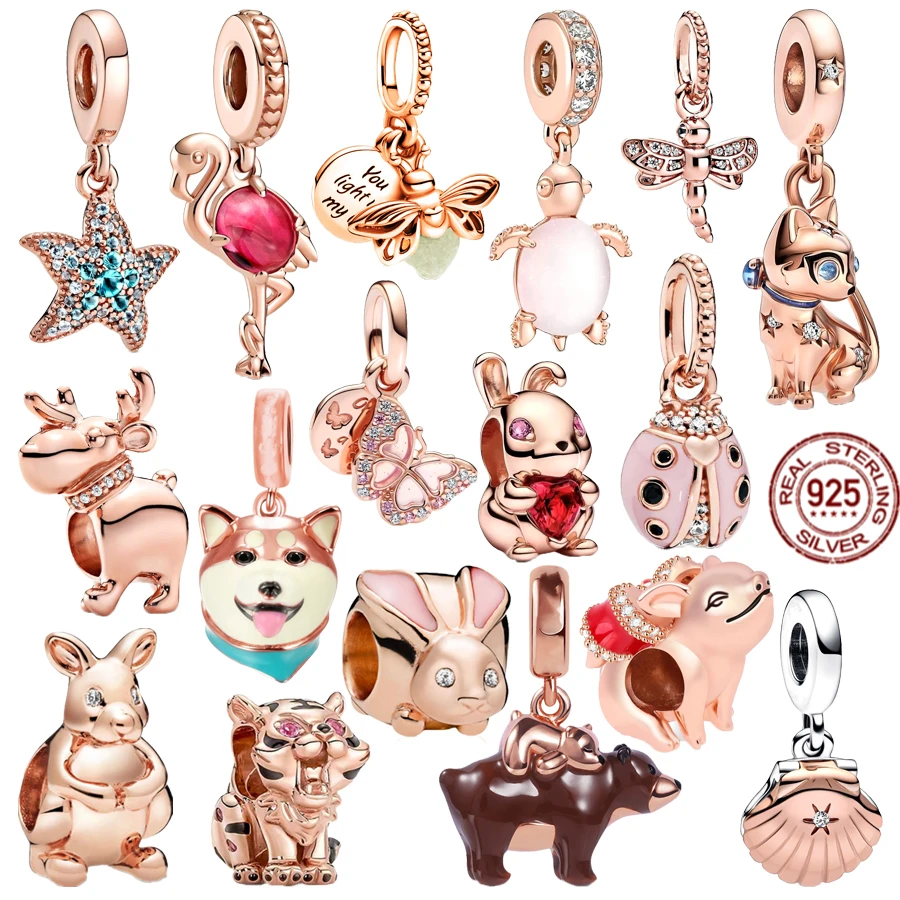 

Rose Gold Plated Animal Series 925 Sterling Silver Dog Tiger Turtle Dangle Charm Beads Fit Original Pandora Bracelet DIY Jewelry