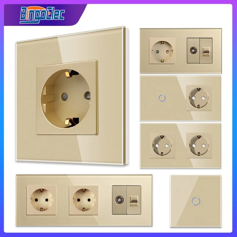 Bingoelec Padrão da ue Ouro Cat6 Rj45 Tomada de Luz Interruptor Toque e Tomada Painel Vidro Cristal Melhoria da Casa