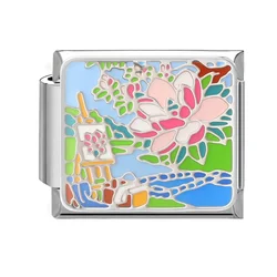 Colorful Flower Charm Links for 9mm Bracelet - Stainless Steel Women's DIY Gift (A11)
