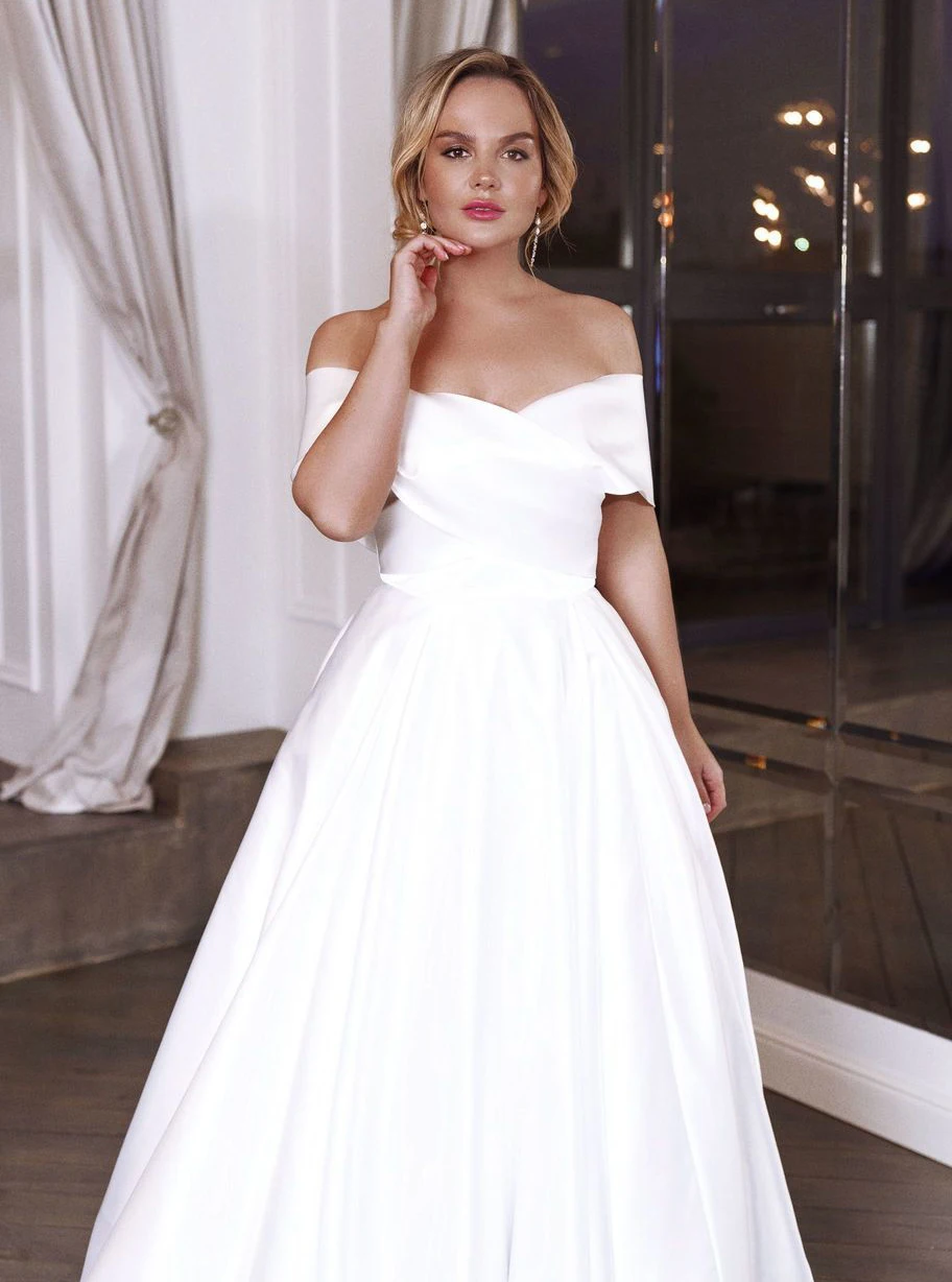 

Simple Boat Neckline A-line Wedding Dress White Ivory Champagne Satin Elegant Princess Wedding Gown Robe de Mariee