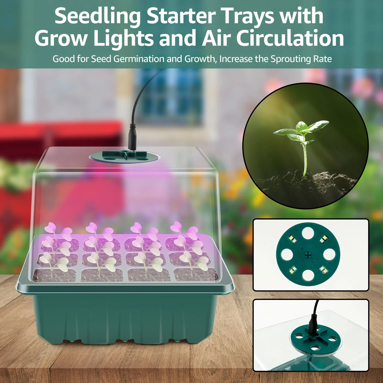Seed Starter Tray with Grow Light Humidity Adjustable Seedling Trays Mini Propagator Triple Lighting Modes Gardening Accessories