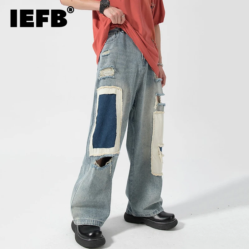 

IEFB Vintage Men's Hole Casual Jean Beggar Pants High Street Spliced Jeans Summer Trendy Worn Out Wide Leg Denim Pants 9C722