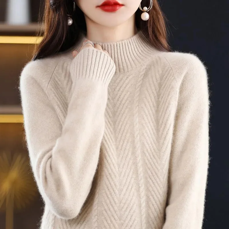 2023 새로운 캐시미어 스웨터 여성 하프 터틀넥 풀오버 니트 스웨터 따뜻한 니트웨어 여성 점퍼 겨울 캐주얼 탑