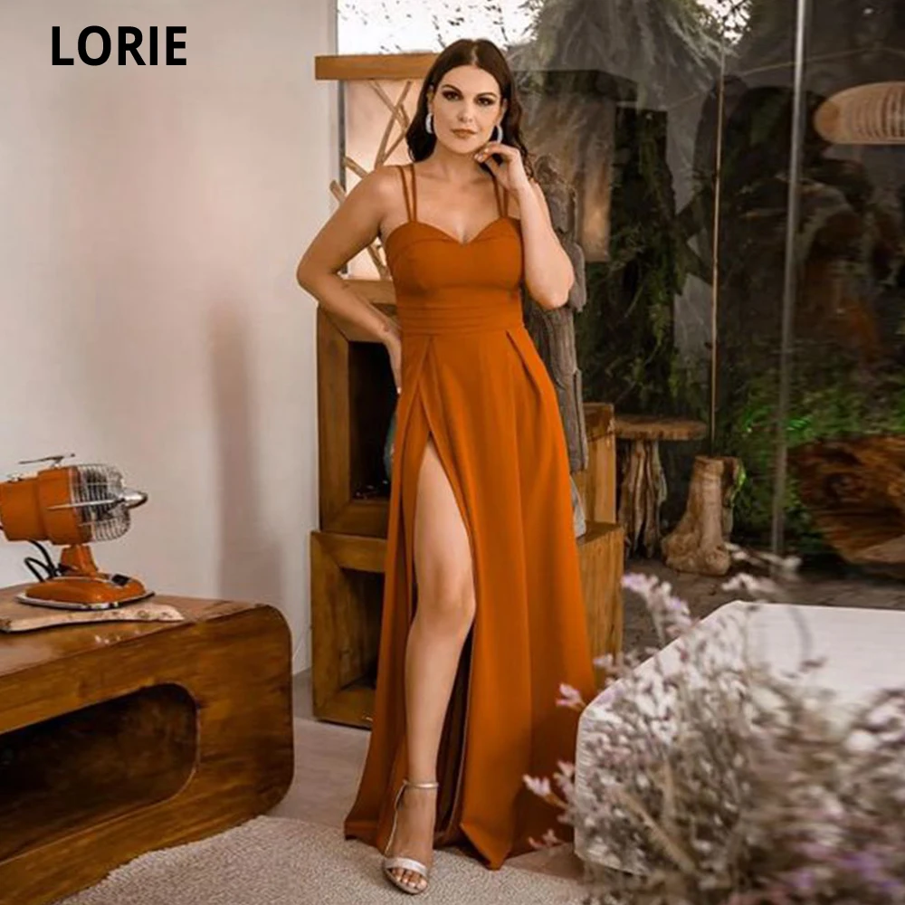 

LORIE Spaghetti Straps Brick Red Robe De Soiree Prom Dresses Side Split Sweetheart Satin Evening Dress Abiti Da Cerimonia Donna