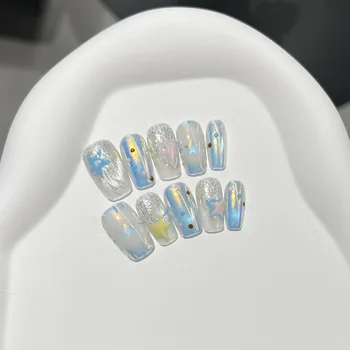 10PCS Aurora Cat Eye Handmade False Nail Glitter Sequin with Star Pattern Press on Nail Full Cover Wearable Fake Nail Sweet Cool
