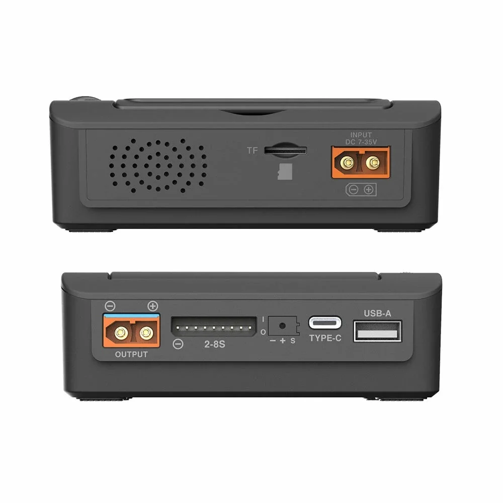 Vue détaillée du panneau avant du chargeur RC 600W 20A montrant les ports de sortie et l'écran