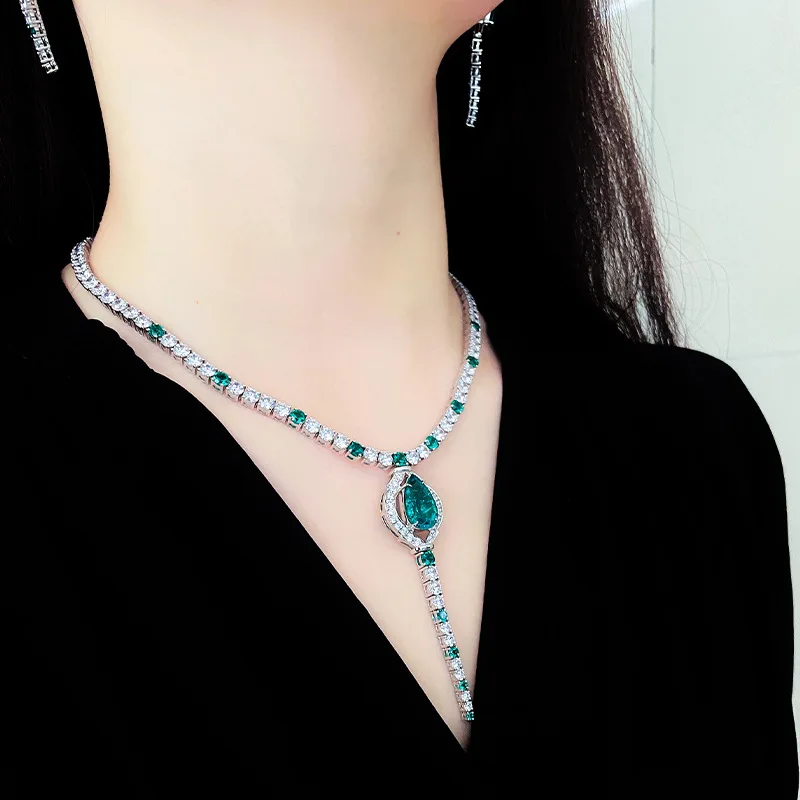 HOYON s925 Silver Diamond Crystal Emerald Women's Necklace Long Earrings Necklace Set for Wedding Party Jewelry Gift pendant necklace silver necklace