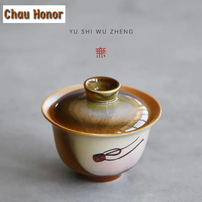 160ml Dunhuang Apsaras Rough Pottery Gaiwan Antique Tea Bowl Tea Tureen Household Tea Maker Cover Bowl Tea Supplies Collection