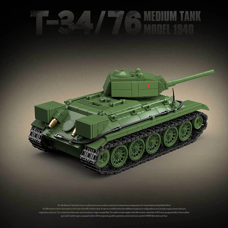 군사 소련 T-34 중형 탱크 빌딩 블록, WW2 육군 무기 표범 KV-2 타이거 I 헤비 탱크 기술 브릭, 어린이 장난감