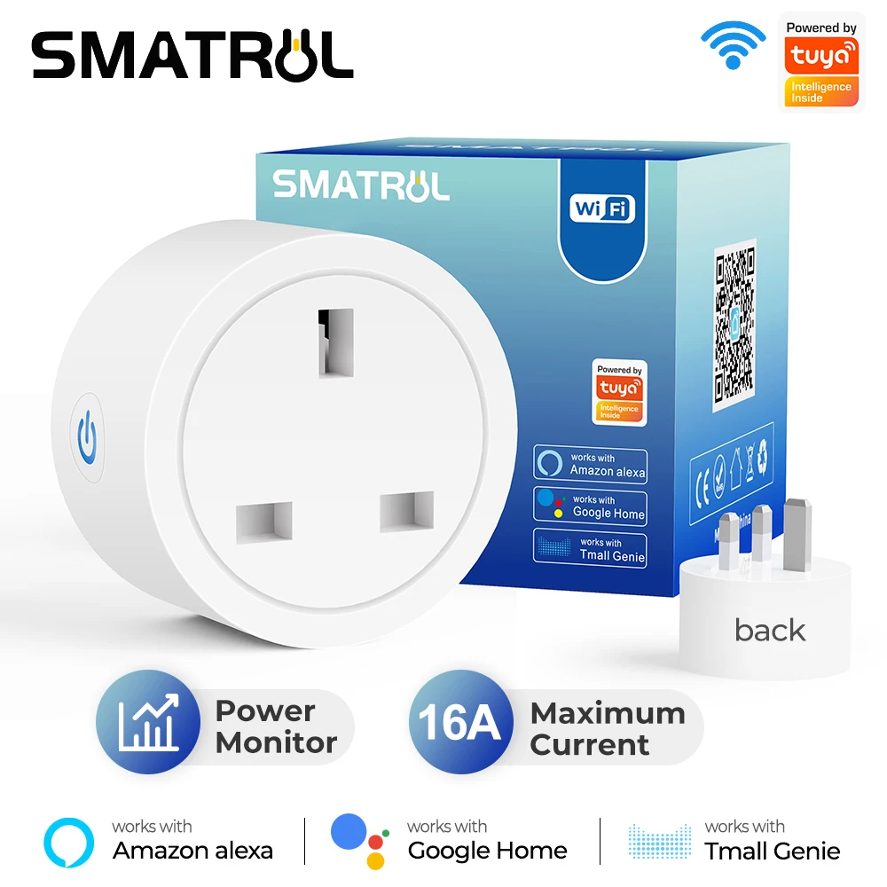 SMATRUL Tuya WiFi Smart Plug Socket UK 16A Adaptor Wireless Remote Control  Power Energy Monitor Timer For Alexa Google Home