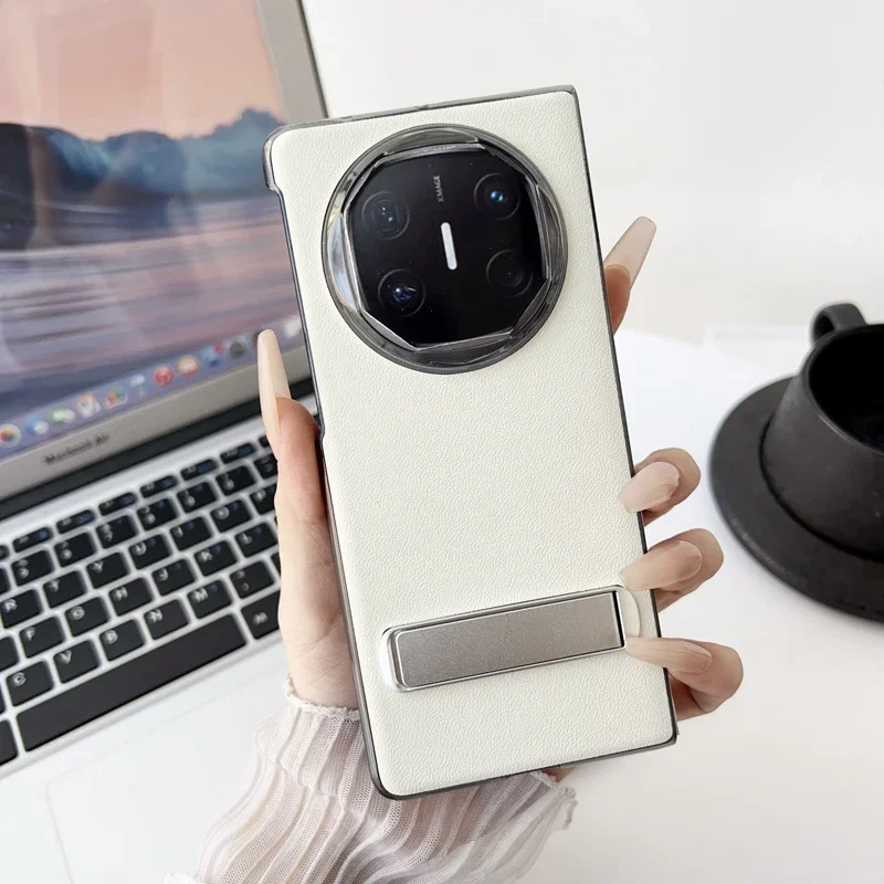 Luxury Genuine Leather & Transparent Hard PC Frame Kickstand Case