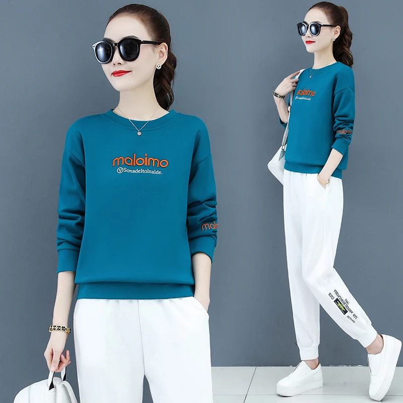 

Women Sportwear Sets 2023 Autumn ladies High Quality Casual O Neck Embroidered Pullover Sweatshir White Sweatpants Two Piece Set