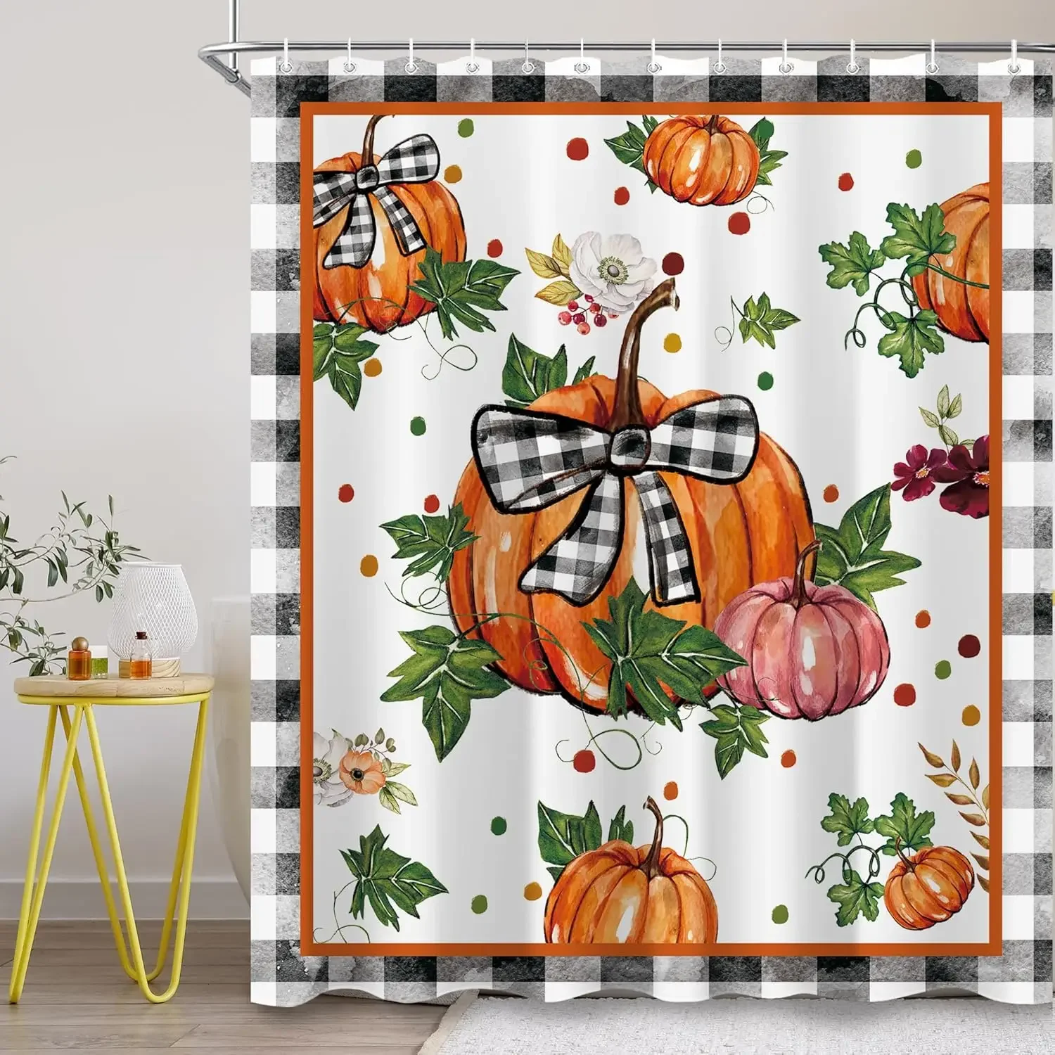 Herbst-Duschvorhang Mit Kürbis & Sonnenblumen – Rustikales Plaid-Design, Aus Polyester, Inkl. Haken