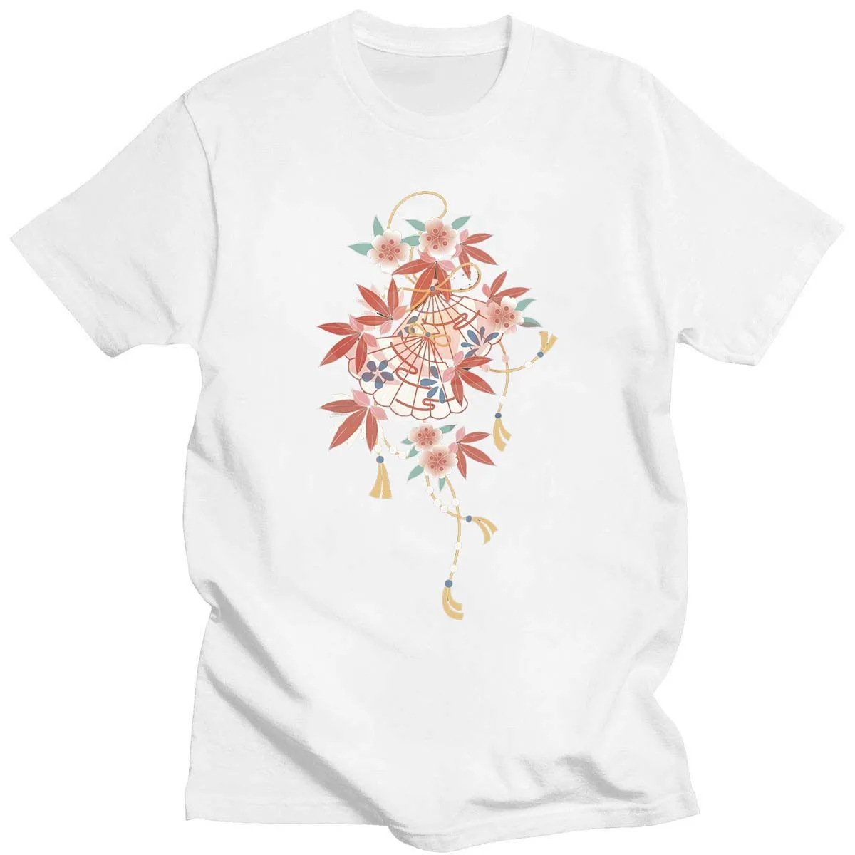 Antique Fan And Flower Cartoon Cotton Printed T-Shirt Daily Simple 14-Color Neutral New Short-Sleeved Round Neck Retro Top plain white shirt T-Shirts