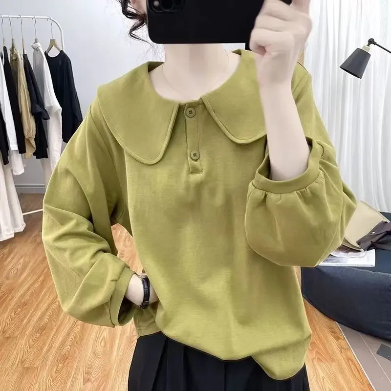 Women's Pullover Spring and Autumn Loose Lantern Sleeve Hoodies 2023 Korean Vintage Solid Patchwork Doll Neck Button Casual Tops