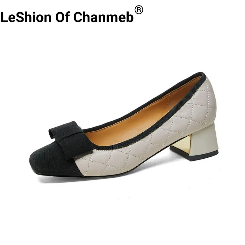 Leshion of Chanmeb 퀼트 양가죽 신발 여성용, 사랑스러운 스위트 나비 매듭, 얕은 펌프스, 블록 힐, 스퀘어 토 레이디 신발, 베이지 33-42