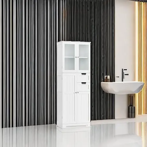 67'' Bathroom Storage Cabinet, Tall Storage Cabinet with Frosted 4 Doors and 2 Drawers, Kitchen Pantry with Adjustable Shelf