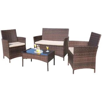 4 Pieces Outdoor Patio Furniture Sets Rattan Chair Wicker Set, Outdoor Indoor Use Backyard Porch Garden Poolside Balcony Furnit 1