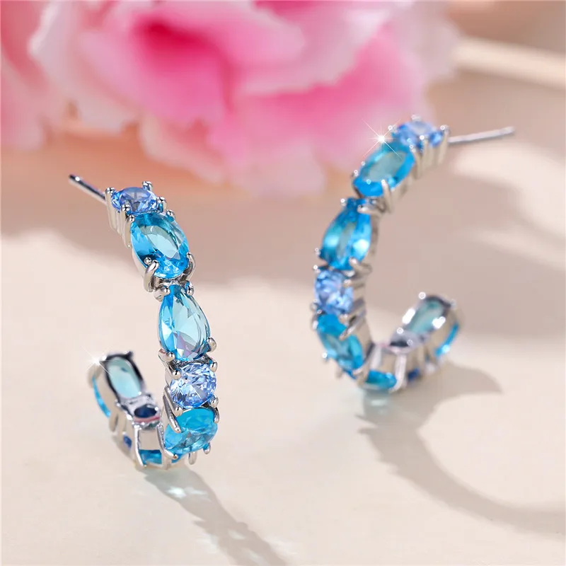 Luxury Female Blue Stone Stud Earrings Silver Color Zircon Wedding Jewelry For Women