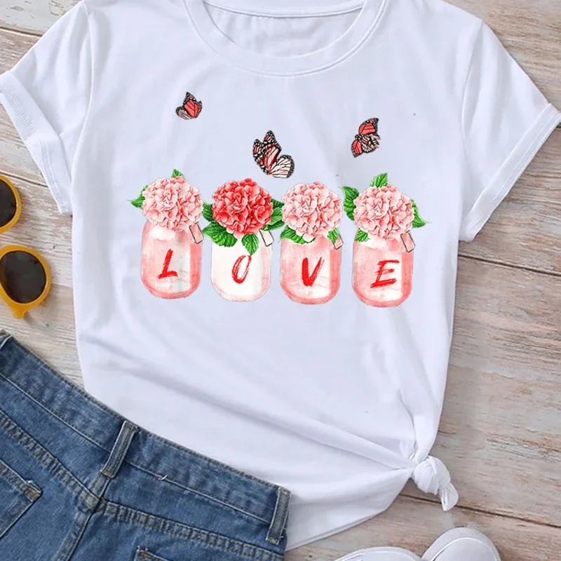 Camiseta gráfica Harajuku feminina, camiseta de manga curta, blusa feminina estampa flores de borboleta, roupas Y2K verão, tops