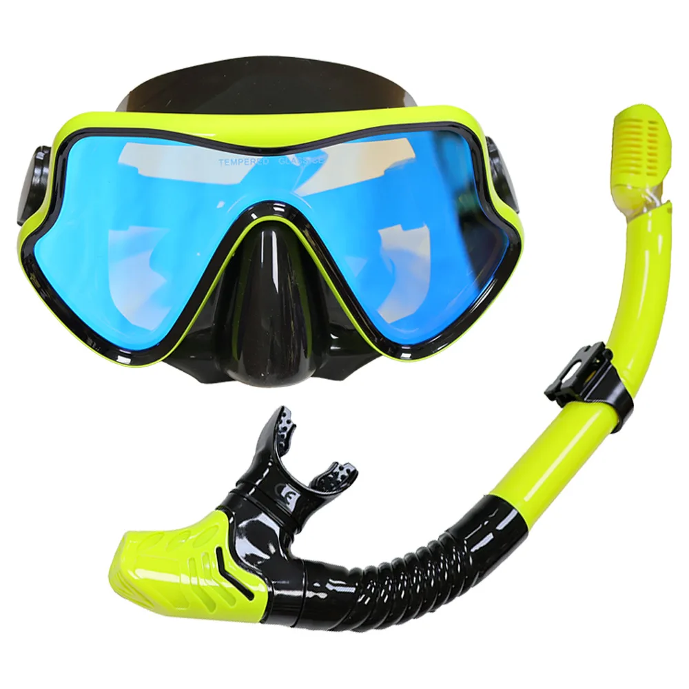 Colorful Tempered Glass Snorkeling Mask Set with Dry Top Breathing Tube and Silicone Goggles