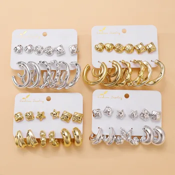 6-pairs Set Irregular C Gold Color Earrings For Women Metal Earing Style Jewelry 2025 Trending New Women's Hoop Earrings Gifts