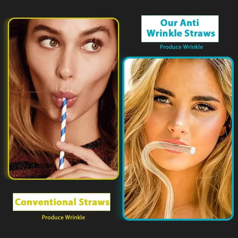 Anti Wrinkle Straw,Flute Style Design for Engaging, No Wrinkle Straw，Say  Goodbye to Wrinkles with Reusable Glass Drinking Lip Straw，Lips  Horizontally