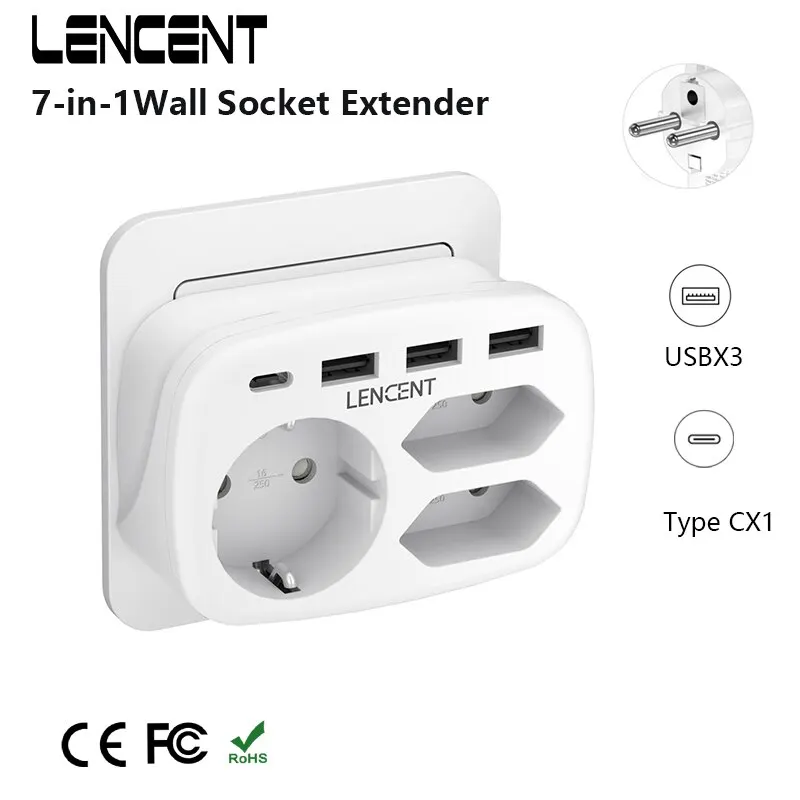 LENCENT EU Plug Multiple Wall Socket Extender 3 AC Outlets 3 USB Ports 1 Type C 7-in-1 Plug Adapter For Home and Office plug adapter wall socket extender