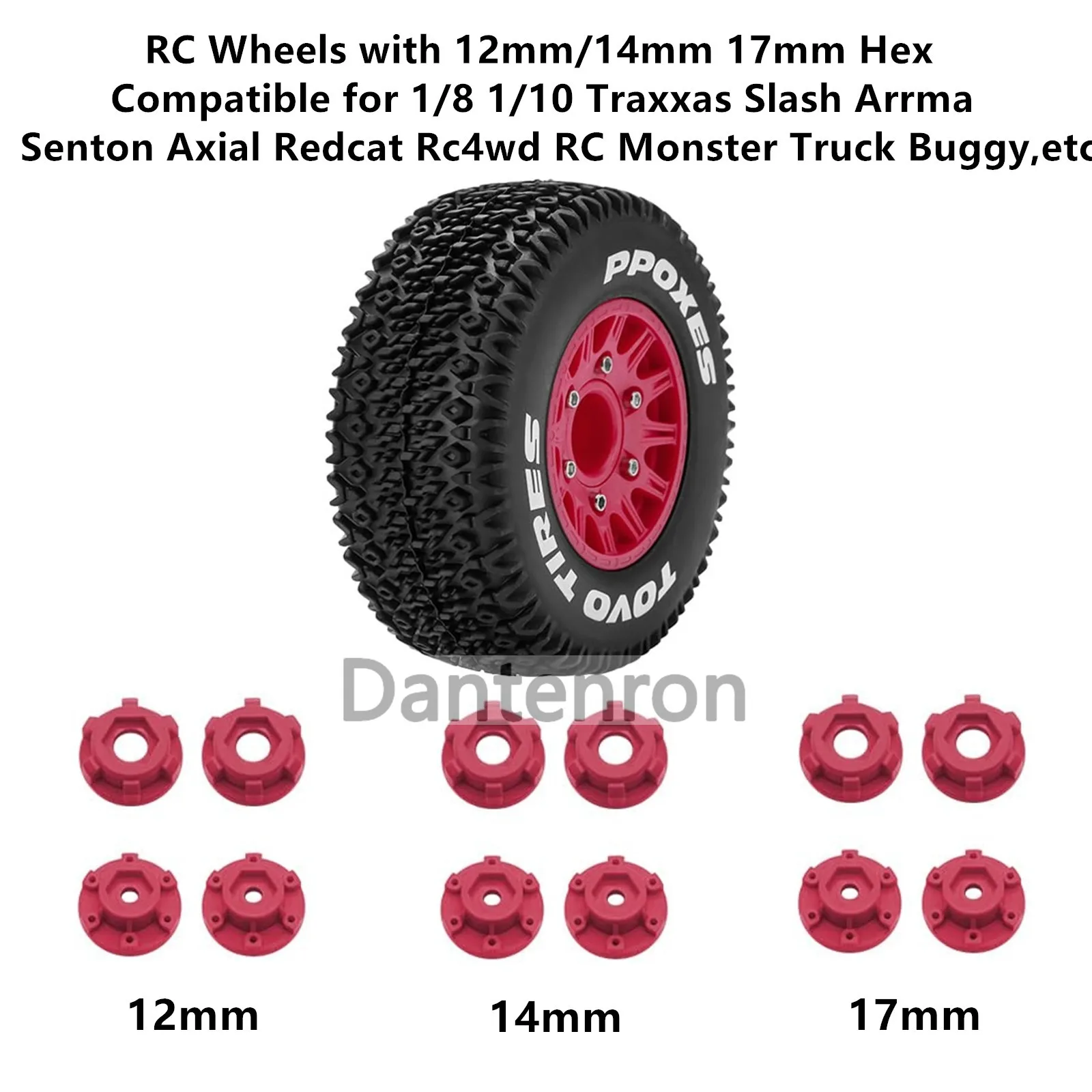 Quatre roues RC hex 17mm pour camion 1/8, couleurs rouge et jaune, empilées sur une surface plane.