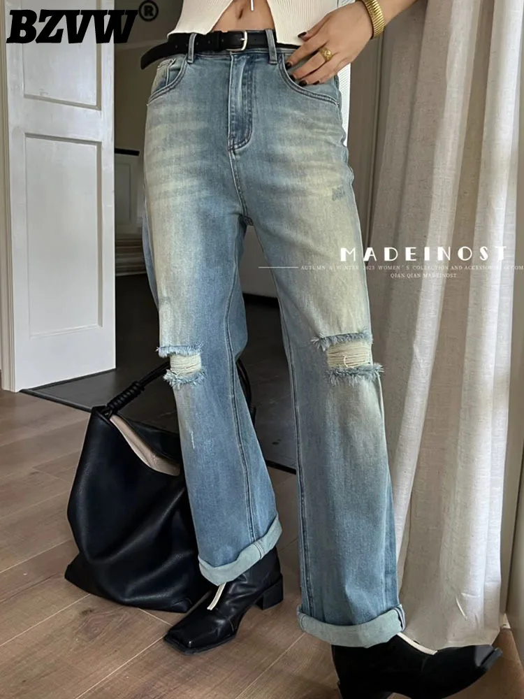 

BZVW Women's 2023 Autumn High Quality Mid Low Rise Stretch Perforated Jeans (with Belt) Fashion Versatile Designer Denim Pants