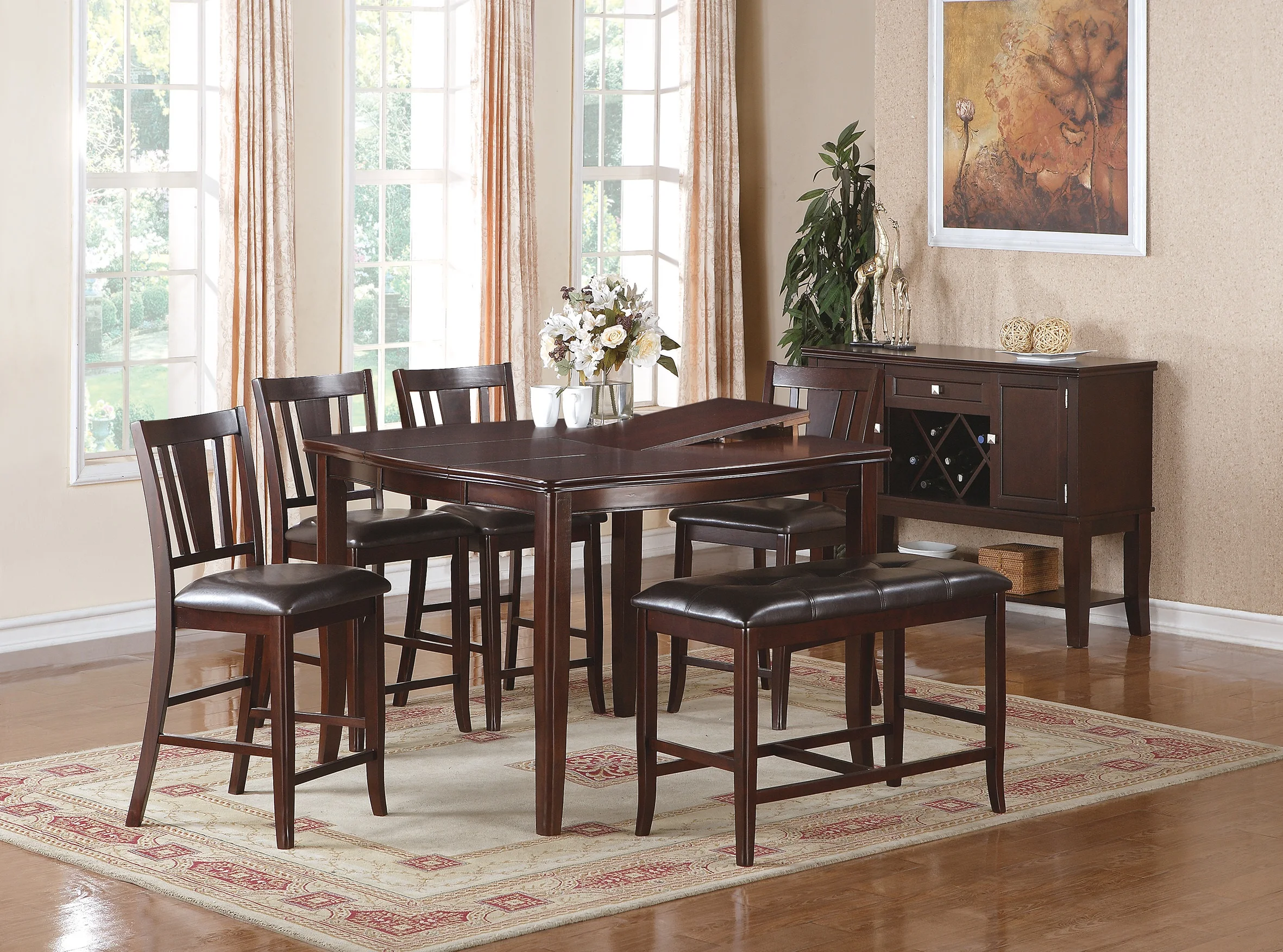 

Contemporary Counter Height Dining 6pc Set Table w Butterfly Leaf 4x Chairs A Bench Brown Finish Rubberwood Chairs Cushions Kitc