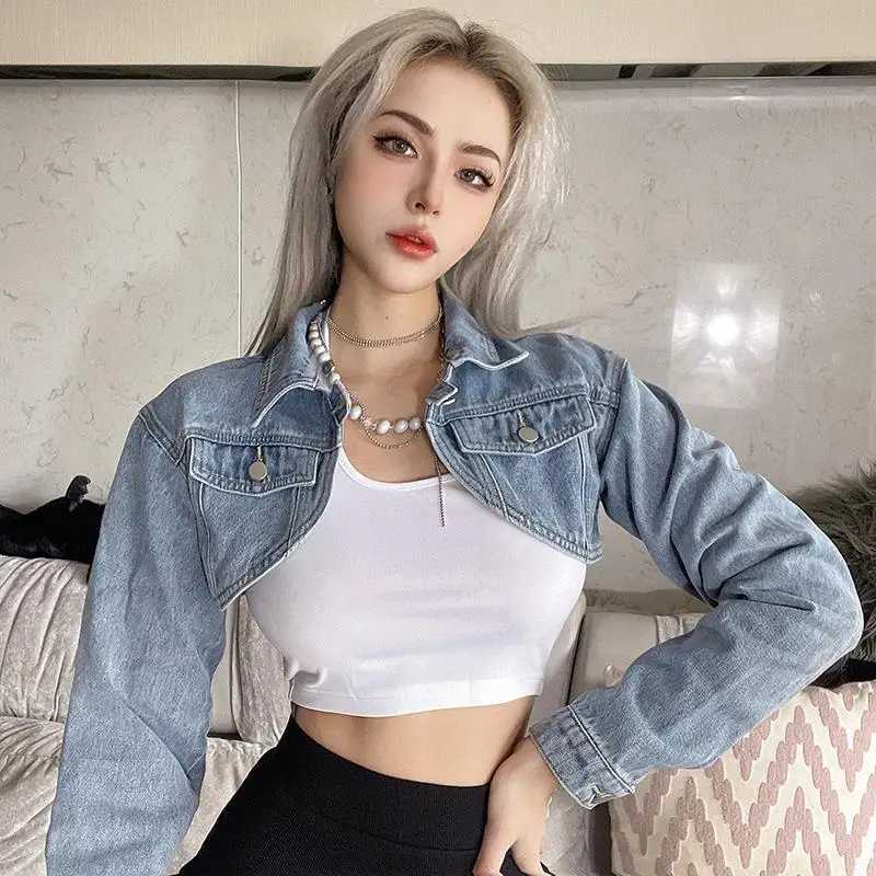 [ NERDY ]★韓国人気★WOMEN'S DENIM CROPPED TRACK TOP Streetwear Jean Jackets Women Harajuku Vintage Crop Tops