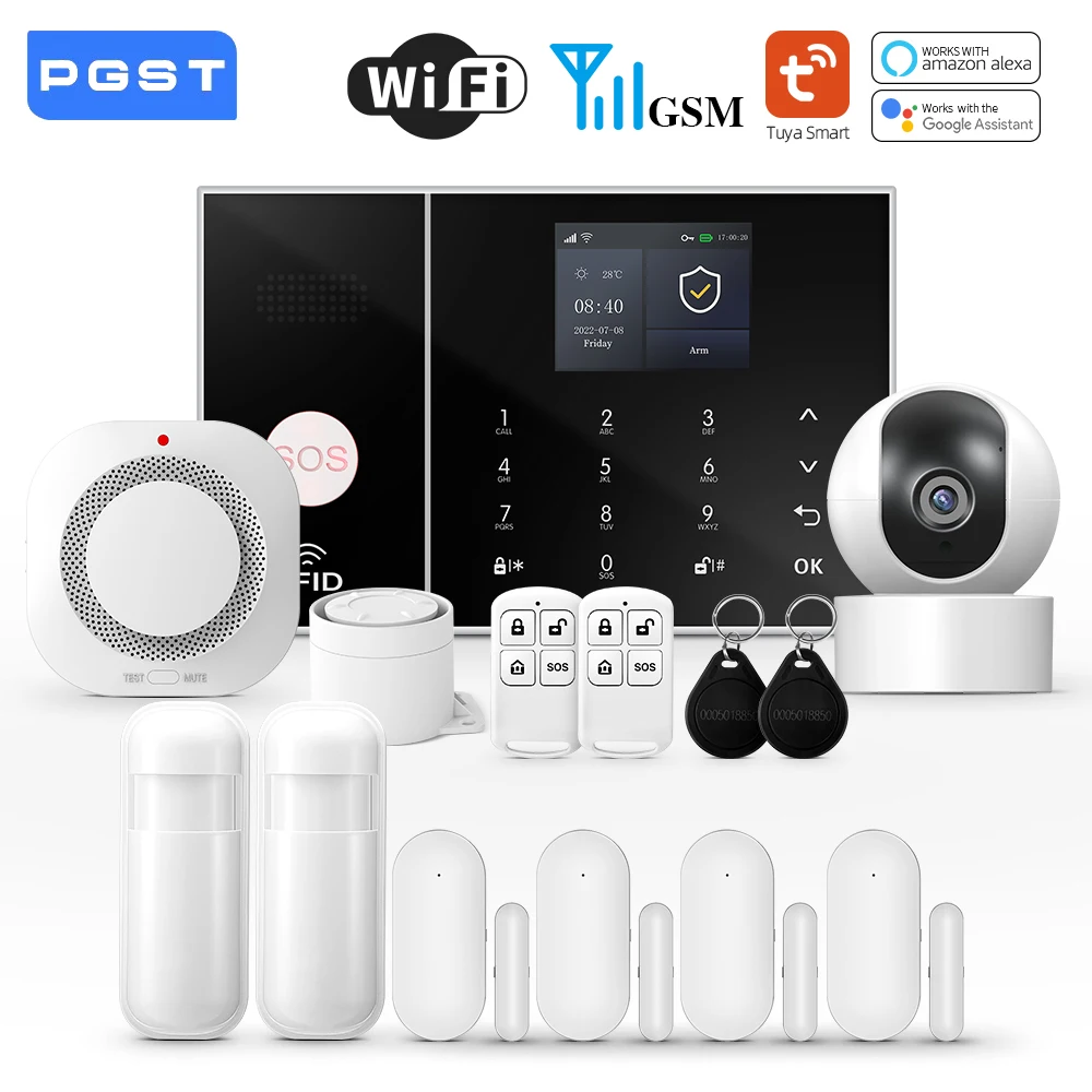 PGST Smart Life Alarm System for Home WIFI GSM Security Alarm Host with Door and Motion Sensor Tuya Smart App control work Alexa